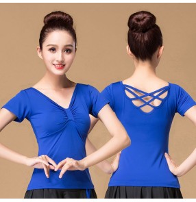 Latin Ballroom dance tops for women young girls short sleeves back hollow crossed belt salsa rumba chacha practice square dance blouses shirt for female adult